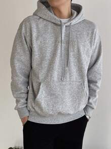 DAZY Men Letter Embroidery Kangaroo Pocket Drawstring Hoodie - Grey - View 8
