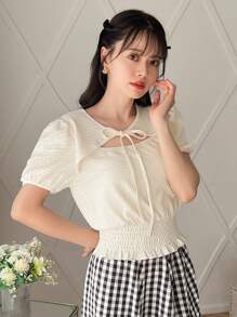 FRIFUL Women's Textured Hollow Out T-Shirt - Beige - View 4