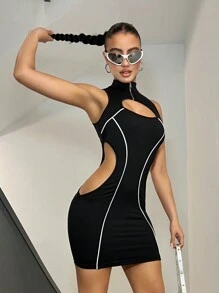 SHEIN ICON 女郎y2k黑色純色模擬高領簡約款露腰露背連身迷你裙,具有反光條裝飾 - 黑色 - 查看 3