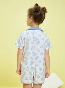 Gudetama X SHEIN Young Girl Cartoon Graphic Romper - Blue and White - View 4