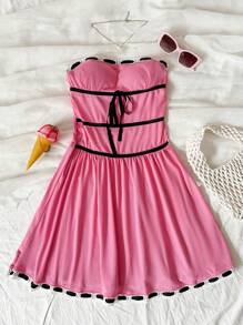 Soleia Vestido De Mujer Con Bloques De Color, Sin Tirantes, Ceñido A La Cintura Y Dobladillo Con Volantes - Rosa - Ver 1