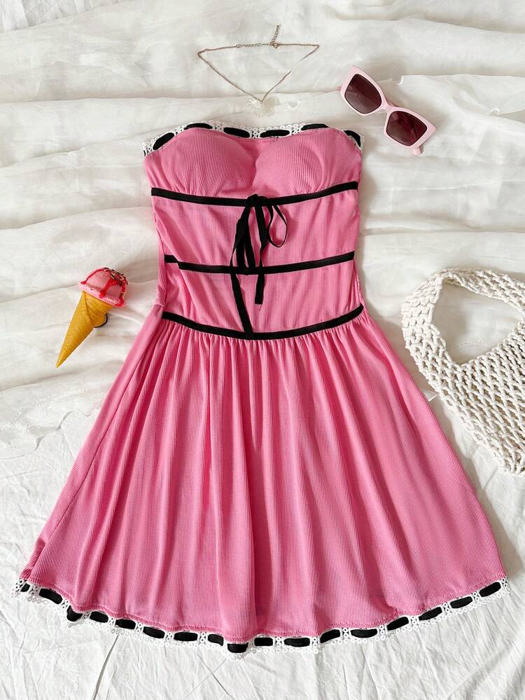 Women's Color-Block Strapless Waist-Cinching Dress With Ruffled Hem