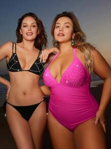 SHEIN Swim Women's Rhinestone-Studded Bikini Set Summer Beach