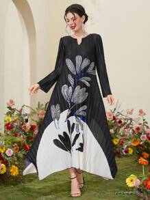 Seusyu Women's Printed A-Line Dress With Pleats And Notched Lapel Fall Cloth For Women - Multicolor - View 1
