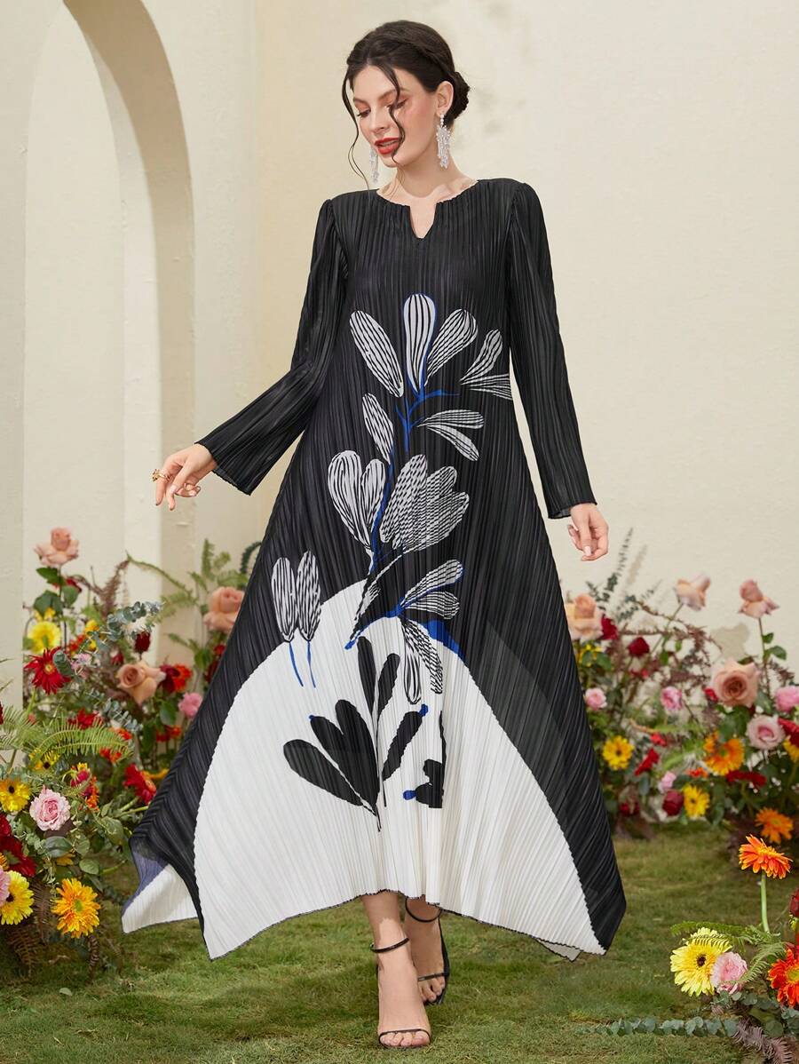 Seusyu Women's Printed A-Line Dress With Pleats And Notched Lapel Fall Cloth For Women - Multicolor - View 1