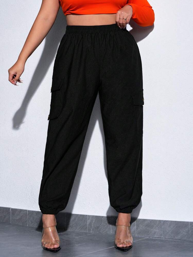 Plus Size Women's Cargo Pants With Pockets,Elastic Cuffs Flap Pocket Side Cargo Pants,Black Autumn Smart Casual Everyday Club Birthday Party