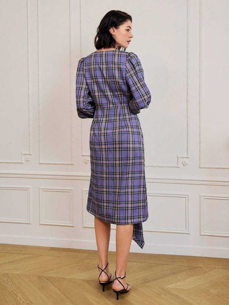 Puff Sleeve Asymmetrical Hem Tartan Dress Winter Elegant Evening Dress Plaid Check