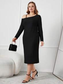 SHEIN Cottnline Strechy Dress With Comfortable Fabric And Chain Trim Detail - Black - View 5