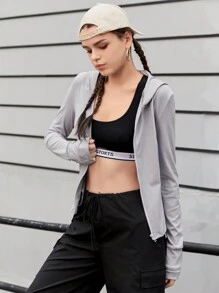 Streetz SHEIN Sport Của phụ nữ Nguyên chất Màu sắc Tay áo dài áo có mũ Zip Áo khoác - Màu Xám nhạt - Xem 3