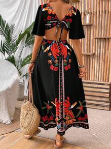 Breezaya Women's Floral Print Cut Out Waist Dress Maxi Vacation Beach Outfit - Black - View 2