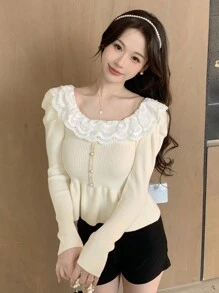 DAZY Women Sweaters Kontras Lace Ruffle Ruffle Hem Plain Casual - Aprikot - View 3