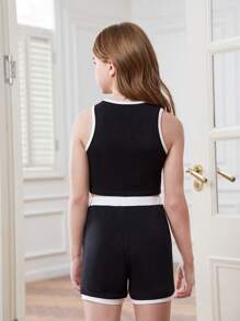 SHEIN Tween Girl Knitted Round Neck Color Block Crop Top And Shorts Set - Multicolor - View 2