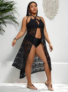 SHEIN Swim Curve 大尺寸純色中空度假風長袍,適用於各種場合,沙灘裝 - 黑色 - 查看 3