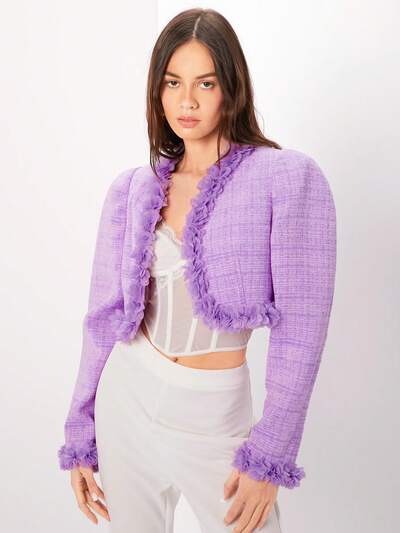 Women's 3d Floral Open Front Woolen Coat With Mesh Net Fabric