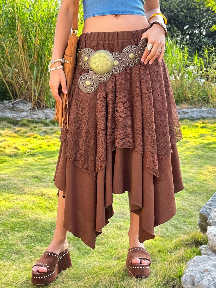 Soleia 嬉皮風格女士休閒高腰蕾絲不對稱下擺度假中長裙 - 棕色 - 查看 1