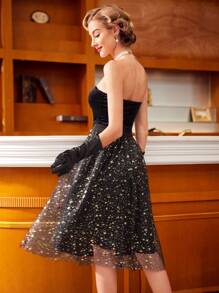 SHEIN DECDS 絲絨無肩帶上衣和金箔印花擴腳裙復古派對兩件套裝 - 黑色 - 查看 7