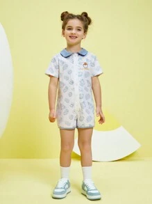 Gudetama X SHEIN Young Girl Cartoon Graphic Romper - Blue and White - View 8