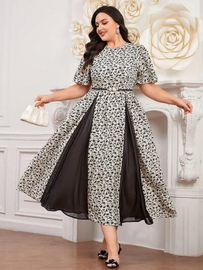 Plus Size Women's Arabian Clothing With Plant Print Short Sleeve Long Evening Dresses