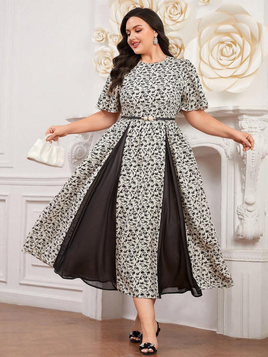 Modelyn Plus Size Women's Arabian Clothing With Plant Print Short Sleeve Long Evening Dresses