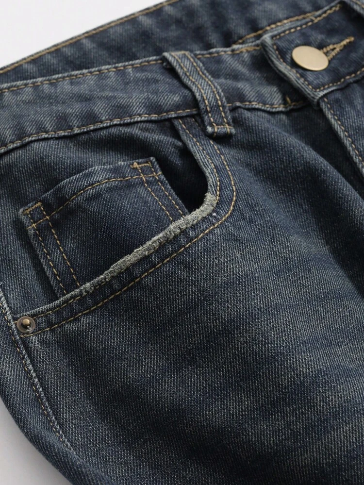 Women's Vintage Distressed Washed Cat Whisker Fading Full-Length Wide Leg Jeans,Baggy Jeans
