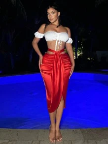 SHEIN SXY Damen Off-shoulder Crop Top Mit Kurzen Puffärmeln Und Elastischer Taille - Weiss - Übersicht 1