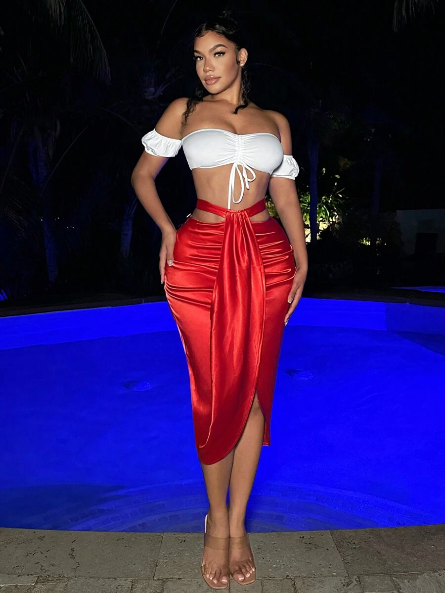 SHEIN SXY Damen Off-shoulder Crop Top Mit Kurzen Puffärmeln Und Elastischer Taille - Weiss - Übersicht 1
