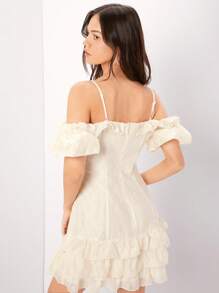 Enchnt Women's Cold Shoulder Ruffle Trim Spaghetti Strap Dress - White - View 2