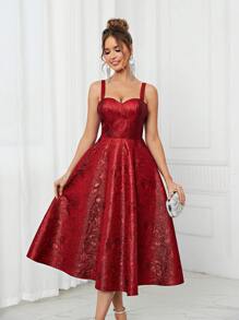 SHEIN Belle Elegante y romántico vestido de satén de jacquard rojo con taza de pecho, estilo de espiga apretado en la espalda, cordones, línea A para fiesta, tiempo de banquete, graduación, cóctel nocturno, vestido de graduación, vestido semiformal, vestido de invitado de boda - Rojo - Ver 6