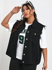 SHEIN ICON 加大碼女裝單排扣無袖牛仔外套 - 黑色 - 查看 5
