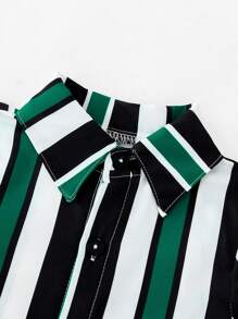 Baby Boy Striped Collared Single-Breasted Short-Sleeved Shirt And Shorts Set - Green - View 3