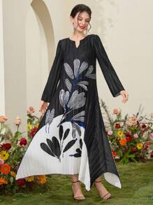 Seusyu Women's Printed A-Line Dress With Pleats And Notched Lapel Fall Cloth For Women - Multicolor - View 5