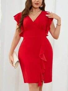 SHEIN Privé 大码女士优雅荷叶边V领开衩连衣裙，红色，适合浪漫约会、聚会、日常穿着、春夏派对 - 紅色 - 查看 6