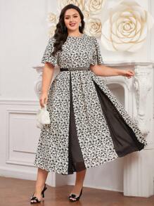 Modelyn Plus Size Women's Arabian Clothing With Plant Print Short Sleeve Long Evening Dresses