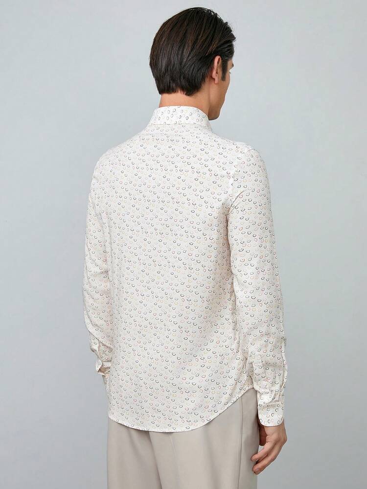 Men's All-Over Woven Long Sleeve Shirt With Face Pattern
