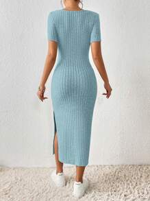 SHEIN Frenchy 女式方领修身高开叉方领纹理面料夏季连衣裙 - 淺藍色 - 查看 2
