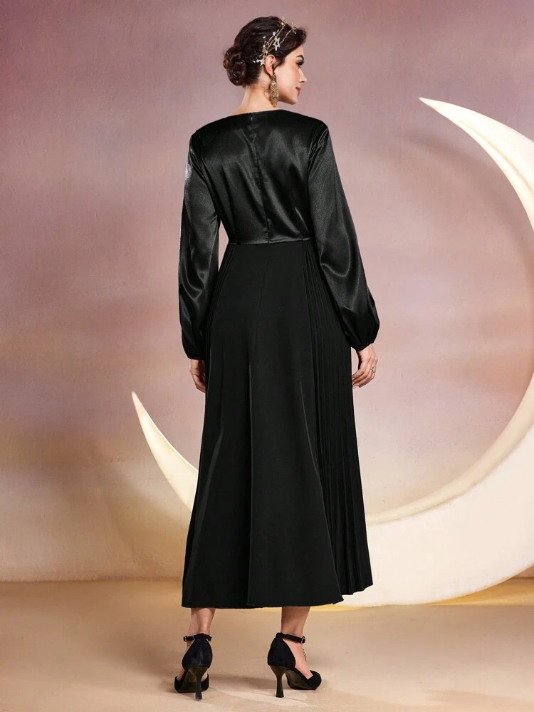 Lantern Sleeve Women's Pleated Hem A-Line Dress Long Evening Dresses