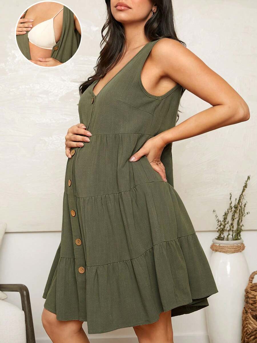 SHEIN Maternity Nursing Sleeveless Dress - Green - View 1