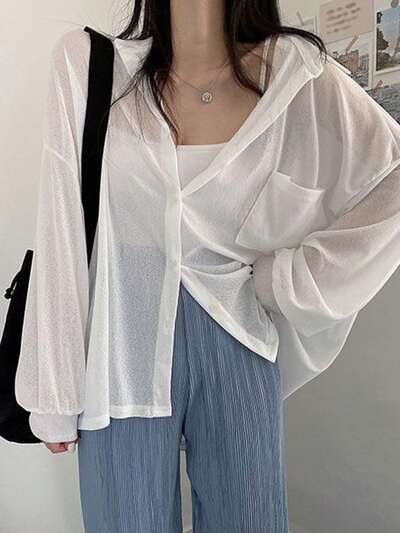 Women's Spring And Summer Casual Solid Color Loose Lapel Shirt Sheer,Fall Women Clothes Long Sleeve Top