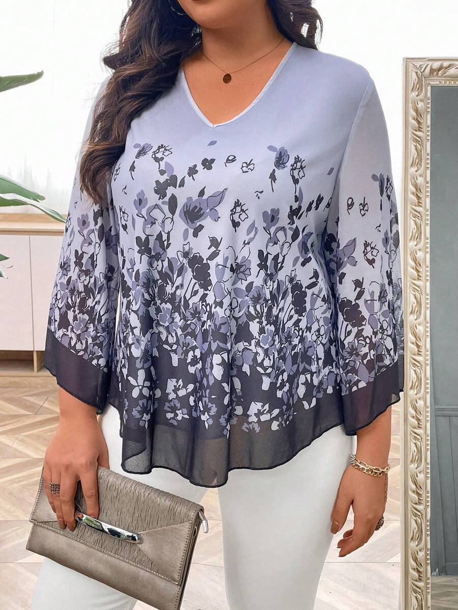 SHEIN LUNE Plus Floral Print Colorblock V-Neck Blouse - Grey - View 1