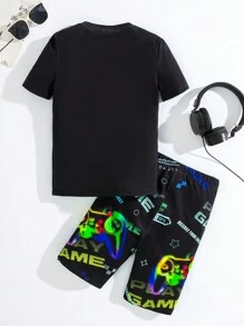 SHEIN 適合青少年男孩穿著的休閒時尚遊戲機印花短袖睡衣套裝,附短褲內衣,織物面料 - 彩色 - 查看 3