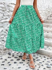 SHEIN VCAY 女性小花卉單品裙，褶邊下擺設計 - 綠色 - 查看 5