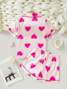 Conjunto de dos piezas casual de short y top de manga corta con estampado de corazones rosados para niñas adolescentes - Multicolor - Ver 2