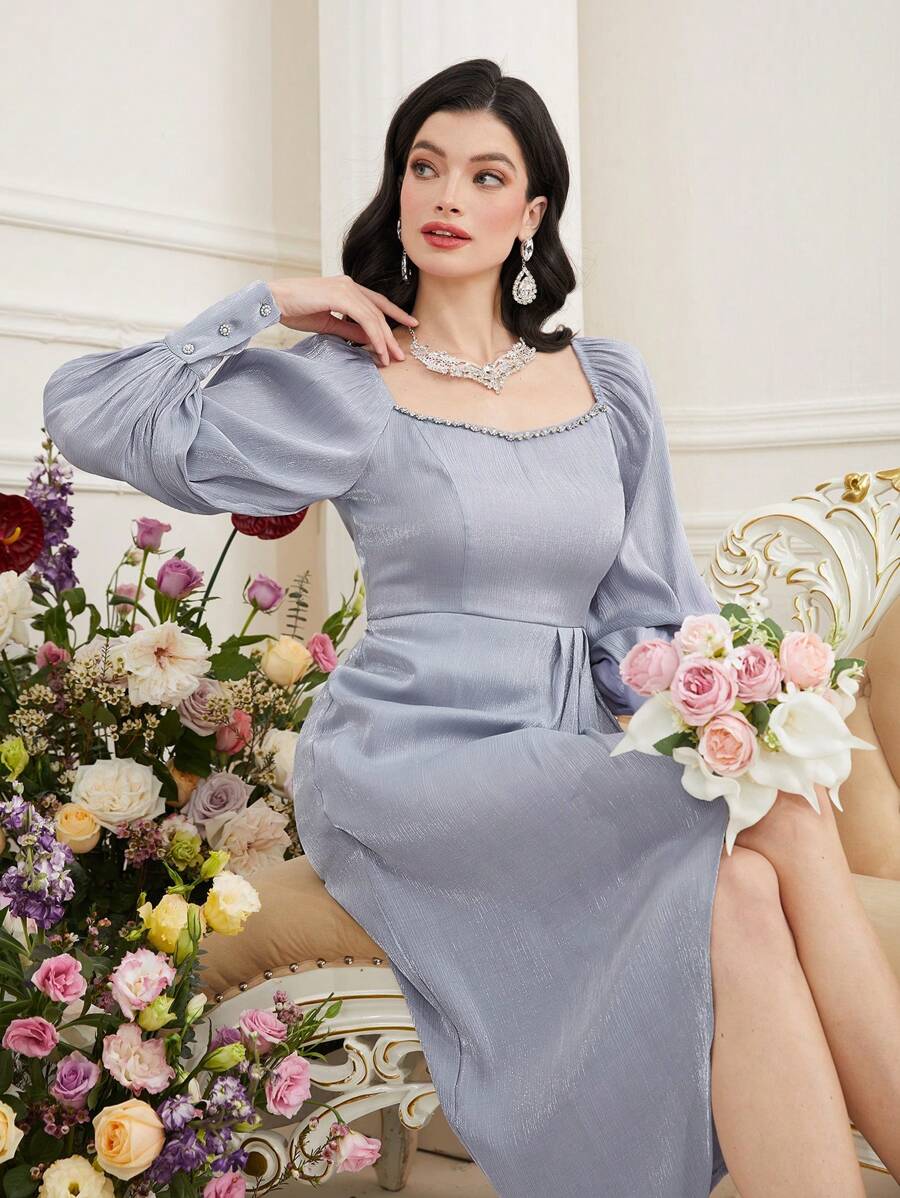 Modelyn 女士优雅连衣裙，纽扣装饰袖口长款晚礼服 - 霧霾藍 - 查看 1
