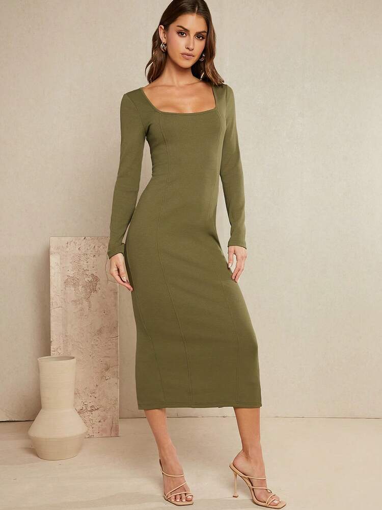 Square Neck Ribbed Knit Long Sleeves Split Hem Dress