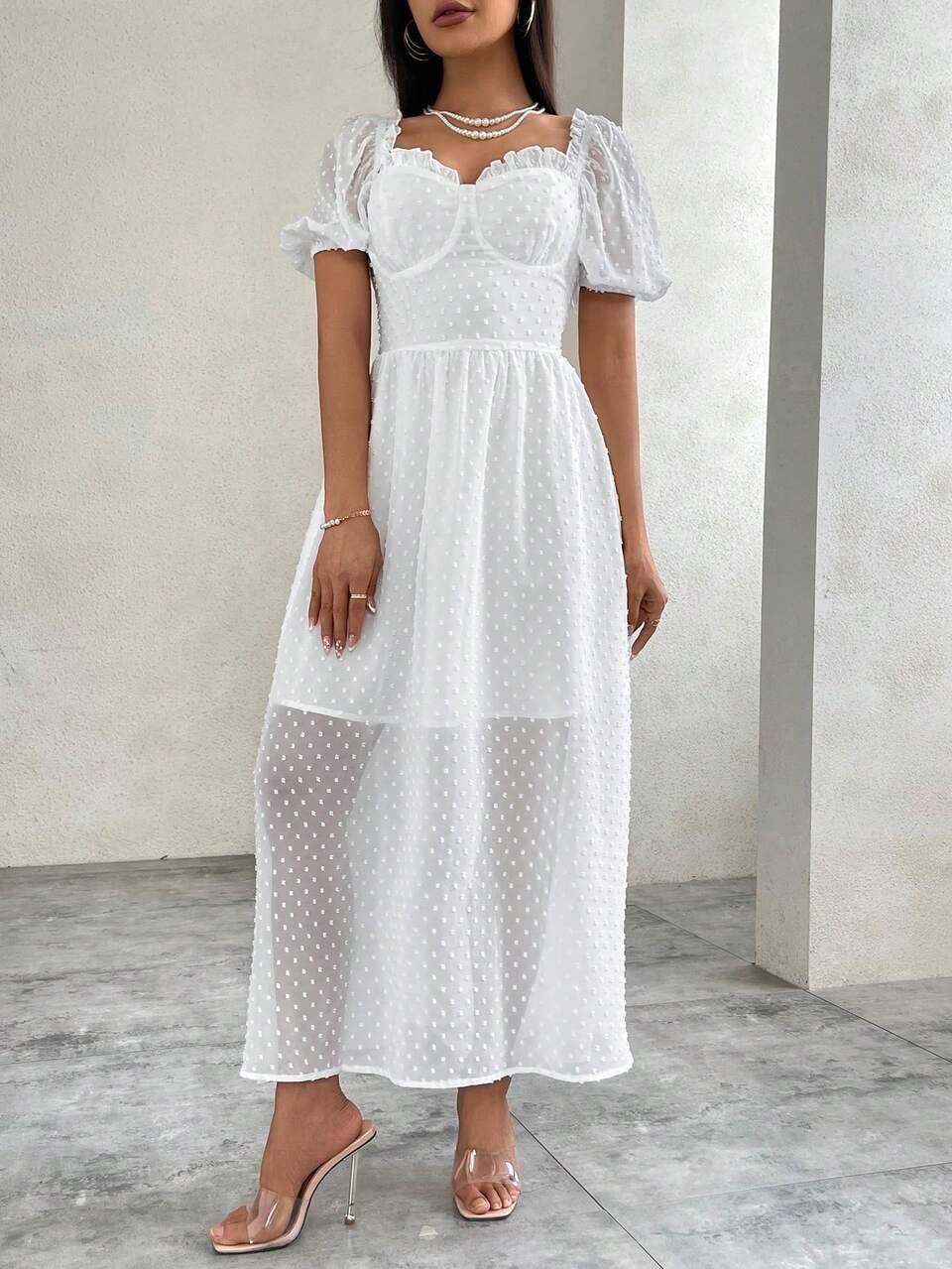 Valentine's Day Swiss Dot Chiffon Dress With Sweetheart Neckline, Wedding Guest Dress