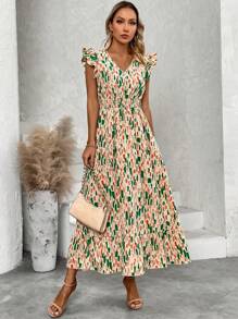 SHEIN LUNE Váy chữ A cạp cao tay lửng in họa tiết cho nữ - Màu be - Xem 3