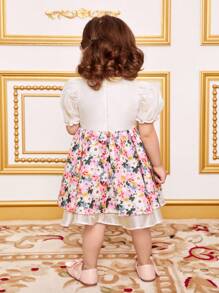 SHEIN Vestido para bebé niña de burbujas de manga corta con tul estampado floral para vacaciones - Rosa - Ver 2