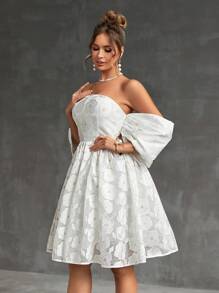 SHEIN Belle Elegante Y Romántico Vestido De Línea A De Manga Abullonada Tejido Jacquard Para Fiesta De Cóctel De Mujer - Blanco - Ver 6