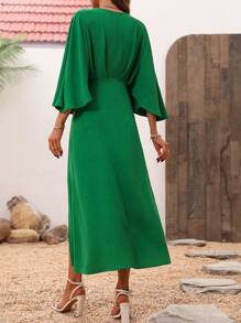 SHEIN Clasi Vestido De Mujer De Color Sólido Con Escote En V, Manga 3/4 Con Hendidura - Verde - Ver 2