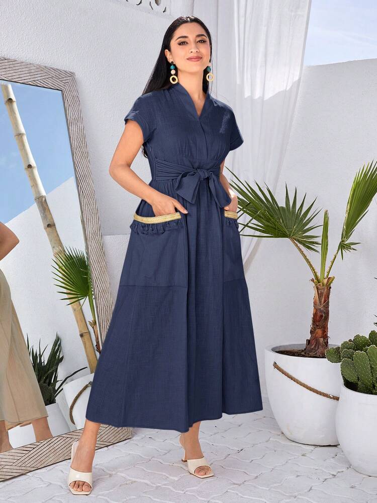 Women's Patchwork Tassel Double Pocket Arabian Style Dress Long Evening Dresses